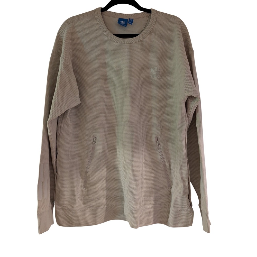 Adidas Waffle Knit Sweatshirt Womens Large Beige Trefoil Side Snap Pullover